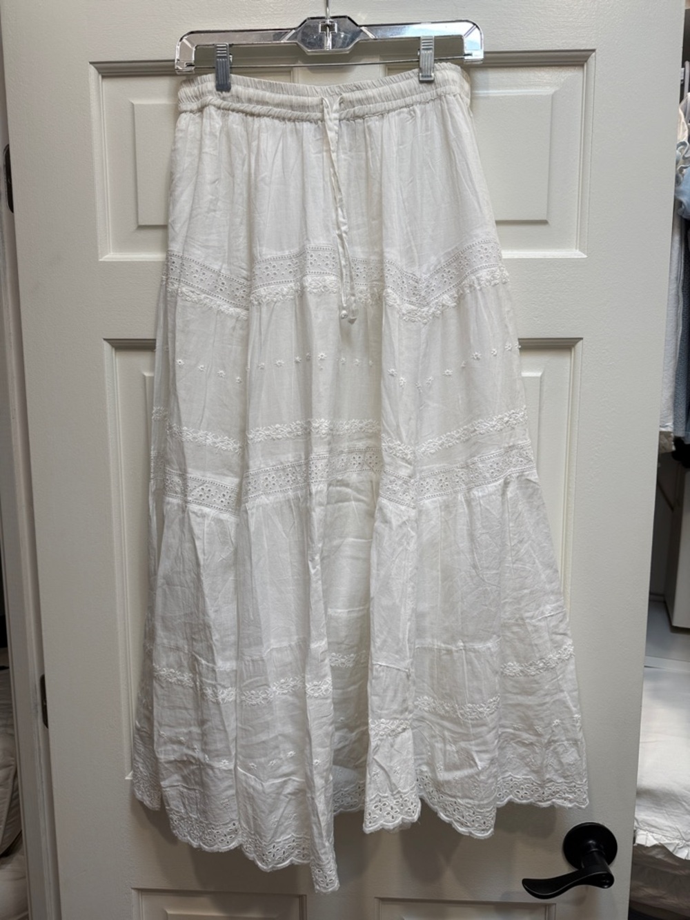 Flowers White Boho Tiered Eyelet Maxi Skirt